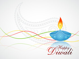 Happy Diwali Festival Greeting Background with Glowing Diya Lamp, Colorful Light Waves, Elegant Floral and Rangoli Patterns, Vibrant Indian Celebration Design for Card or Poster