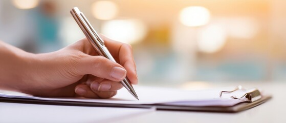 The Hand Holding a Pen Writing on a Clipboard in a Bright Workspace.