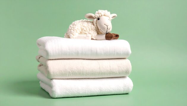 Stacked folded soft linens with toy sheep