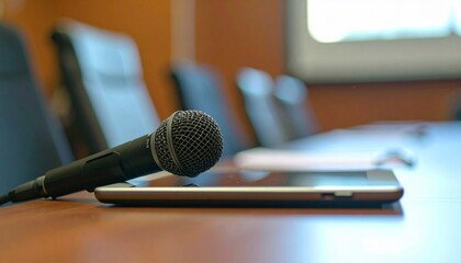 Side view of microphone and tablet computer placed on meeting table in conference room.