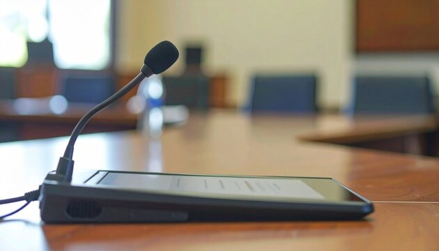 Side view of microphone and tablet computer placed on meeting table in conference room.