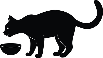 a silhouette of a cat eating from a bowl.