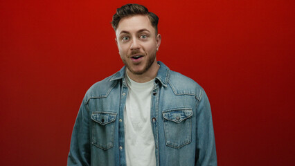 Young man with beard in denim shirt stands against vibrant red background looking contemplative
