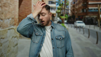 Young man with beard stands on city street looking frustrated under sunlight wearing denim shirt and white t-shirt outdoors against urban background.