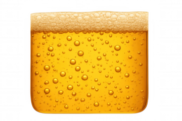 Golden beer filling a glass, forming a frothy head and showing carbonation bubbles. Isolated on transparent background