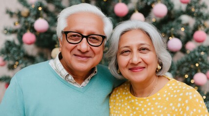 Couple celebrates Christmas with joy in front of a beautifully decorated tree adorned with colorful ornaments in their cozy home