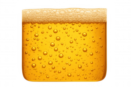 Golden beer filling a glass, forming a frothy head and showing carbonation bubbles. Isolated on transparent background