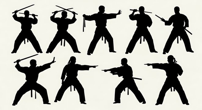 Silhouette of Martial Artists Performing Dynamic Karate Kicks and Punches in Action