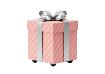 Pink striped gift box with silver ribbon isolated on transparent PNG, present for birthday or special occasion
