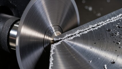 Close-up of precision metalworking on a lathe machine. The cutting tool removes a layer from a rotating workpiece, revealing a smooth metallic surface and dynamic industrial detail