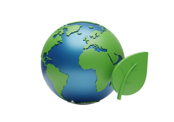 Green and blue Earth globe with leaf isolated PNG, eco-friendly concept for environmental protection and sustainable development initiatives