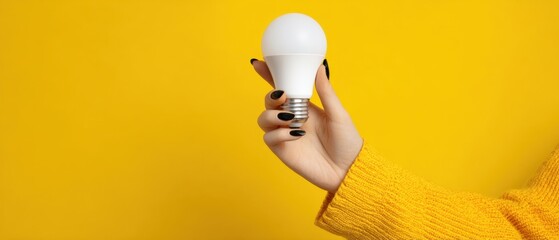 The hand holding a lightbulb against a vibrant yellow background.