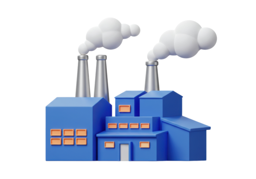 Blue factory building isolated PNG, 3D rendering of industrial plant with chimneys and smoke for environmental pollution concept