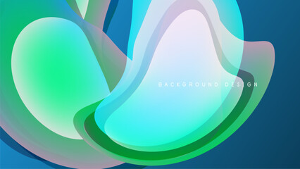 Abstract fluid shapes overlap, creating vibrant color gradients. Design features teal, green, purple hues against dark backdrop.