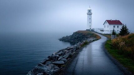White Lighthouse and House on Rocky Coastline with Foggy Sky and Reflective Path