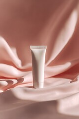 Pink Cosmetic Tube on Soft Elegant Fabric in Gentle Lighting