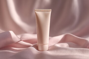 Pink Cosmetic Tube on Soft Elegant Fabric in Gentle Lighting