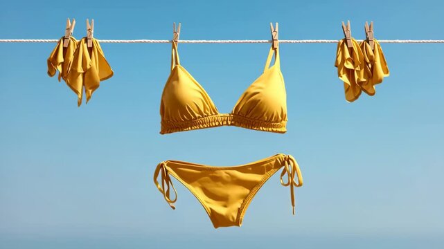 A yellow bikini hanging on a clothesline against a clear blue sky