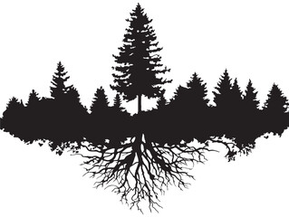 Lush mountain trees with intricate root systems in solid black