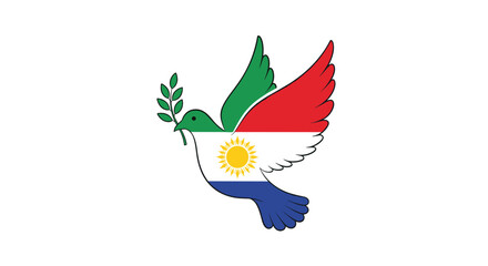 Peaceful dove carrying a branch over a white background with national flag symbols.