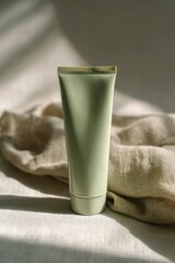 Minimalist Presentation of a Moisturizer Tube on Green Fabric