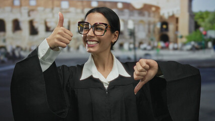 Young hispanic woman judge showing thumbs up and down in legal uniform with roman coliseum...