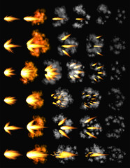 Gun flashes or gunshot animation. Collection of fire explosion effect during the shot with the gun. Cartoon flash effect of bullet starts. Shotgun fire, muzzle flash and explode © designer_things