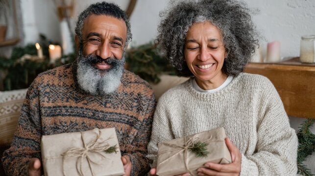 Joyful couple celebrating a zero waste Christmas with eco friendly gifts in a cozy living room