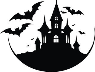 Creepy Castle Silhouette Vector – Halloween Background with Moon and Bats