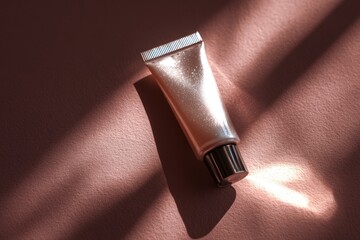 Shimmering Cosmetic Tube Displayed on Pink Background Under Natural Lighting