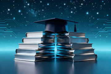 Books and graduation cap under starry sky