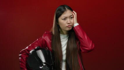 Fototapeta premium Woman wearing red jacket holding helmet in front of red background appearing thoughtful and focused