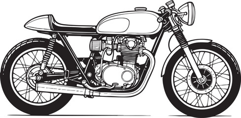 Fototapeta premium High-detail vector line art of a vintage classic motorcycle, deep black clean lines, no color or gradient, intricate engine and wheel details, pure white background, professional technical sketch styl