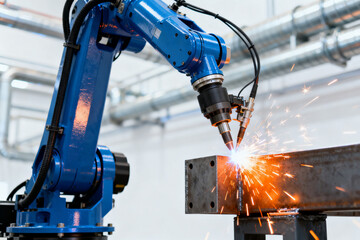 Blue robotic arm welding metal