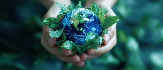 The Hands Cradling the Earth Surrounded by Vibrant Green Leaves.
