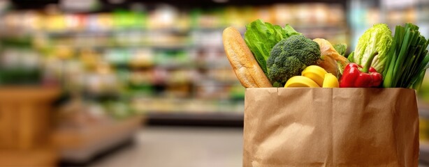 The paper bag filled with fresh groceries in a market setting.