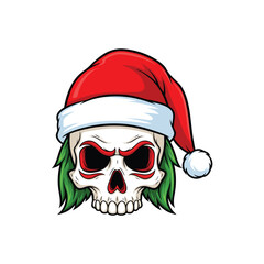 Skull with santa hat and green hair for christmas celebration