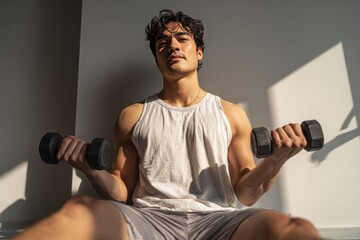 Young Man Exercising With Dumbbells in a Bright Living Room