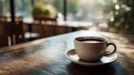 Obraz premium A steaming cup of coffee rests on a rustic wooden table in a cozy cafe setting illuminated by soft morning light