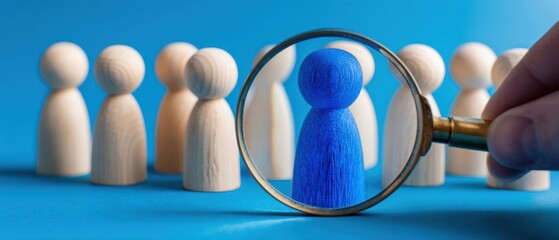 The Blue Figure Highlighted by a Magnifying Glass Among Wooden Peers