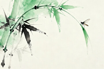Bamboo and dragonfly in ink painting