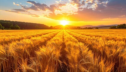 Obraz premium Woman Laughing In Golden Wheat Field at Sunset With Trees and Cloudy Sky