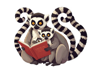 Obraz premium Lemurs Reading Together in a Cozy Setting