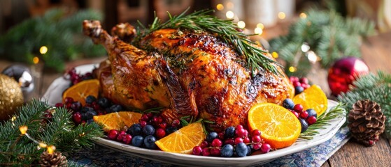 The beautifully roasted turkey garnished with herbs and fresh fruits for a festive meal.