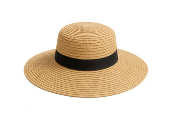 Straw summer hat with a black ribbon band, providing sun protection, isolated on a transparent background