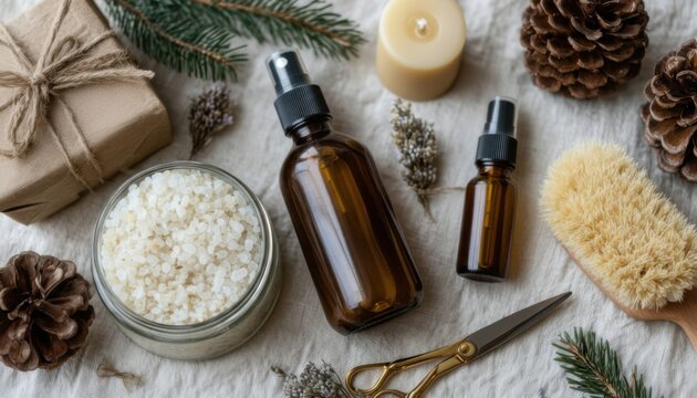 Create a festive atmosphere with natural spa products and decorations perfect for a cozy Christmas celebration at home