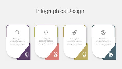 Modern infographic template with four numbered steps, featuring simple icons for research, innovation, growth, and goal achievement. Suitable for business strategy, workflow charts, and presentation d