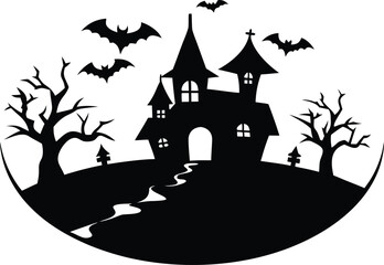  Spooky Halloween Night Silhouette Vector – Haunted House and Full Moon Scene.