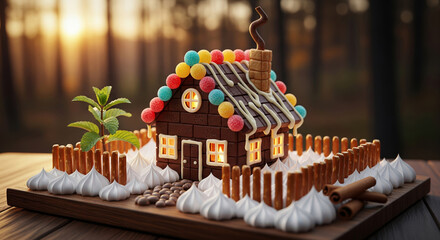 Delicious gingerbread house decorated with colorful candy in a cozy forest setting in a realistic 3d render style