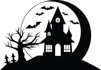 Spooky Halloween Night Silhouette Vector – Haunted House and Full Moon